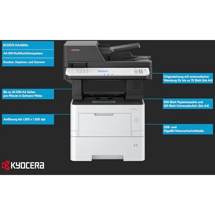 Kyocera Ecosys MA4500x/Plus Multifunktionsdrucker Schwarz Weiss, 45 Seiten pro Minute mit Duplex. Drucker Scanner Kopierer, Gigabit LAN und Mobile Print, inkl. 3 Jahre Full Service Vor-Ort – Bild 2