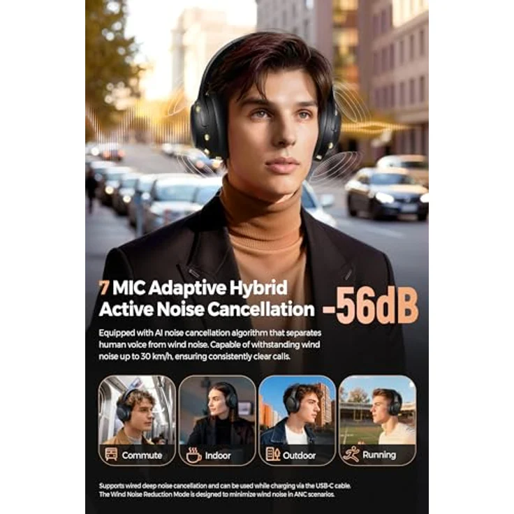 SoundPEATS Cove Pro, Over Ear Kopfhörer mit Hybrid Aktiver Geräuschunterdrückung bis 56 dB, LDAC Hi-Res Audio, 95 Std Akkulaufzeit, 7 Mikrofone für klare Anrufe, Faltbar, Bluetooth 6.0 – Bild 2