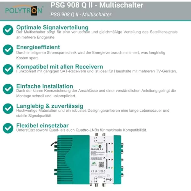 Polytron PSG 908 Q II, Multischalter für 2 Satelliten und bis zu 8 Teilnehmer, 8 SAT und 1 terrestrischer Eingang – Bild 4