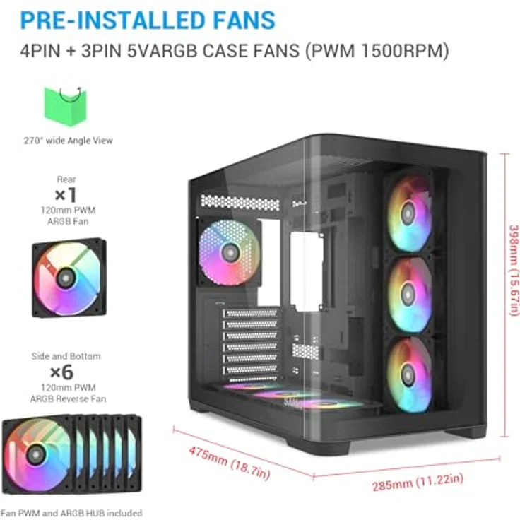 SAMA V60 Mid Tower PC-Gehäuse, Geschwungene Glasfront, 7×120mm ARGB PWM Lüfter, USB Type-C, Hochdurchsatz ATX, 360mm AIO Unterstützung – Schwarz – Bild 2