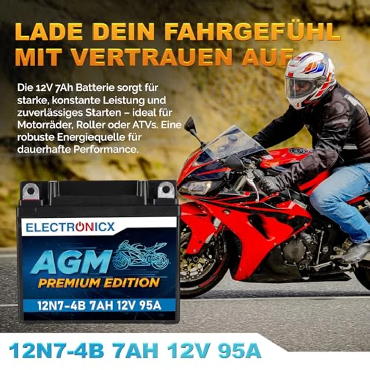 Electronicx AGM-12N7-4B, AGM Motorradbatterie 7Ah 12V, wartungsfrei, auslaufsicher, vibrationsfest für Motorrad, Roller, Quad und ATV – Bild 2