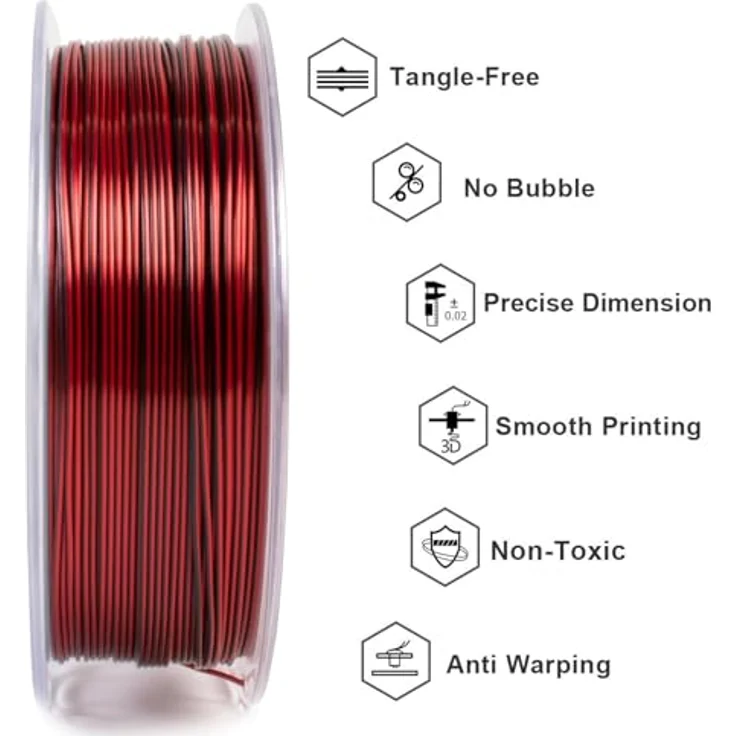 GEEETECH Silk PLA Filament 1,75mm, 1KG Spule, Dual Silk Schwarz Rot, hochwertige glänzende Oberfläche, präzise und verzugsfrei – Bild 4