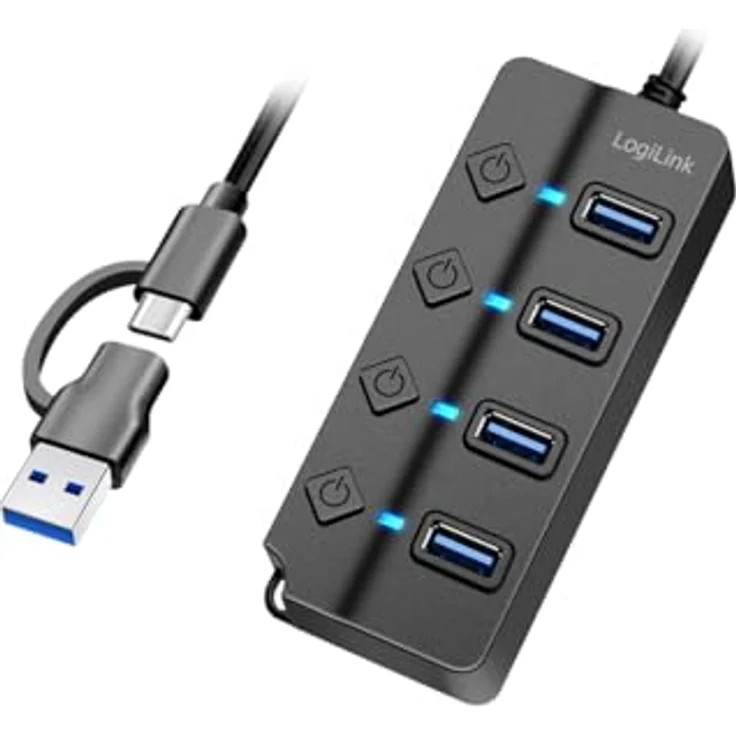 LogiLink UA0419 - USB 3.2 Gen1 Hub mit 4-Ports und EIN-/Aus-Schalter (pro Port) in Schwarz – Bild 1