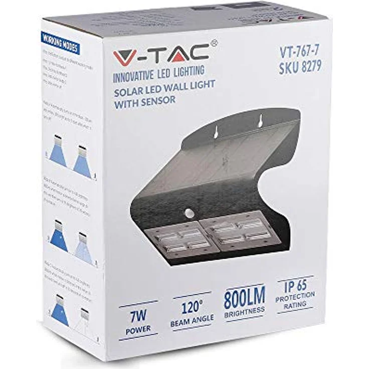 V-TAC Solar-Wandstrahler mit Bewegungsmelder VT-767-7-B 8279 LED 7.00W Tageslichtweiß Schwarz – Bild 3