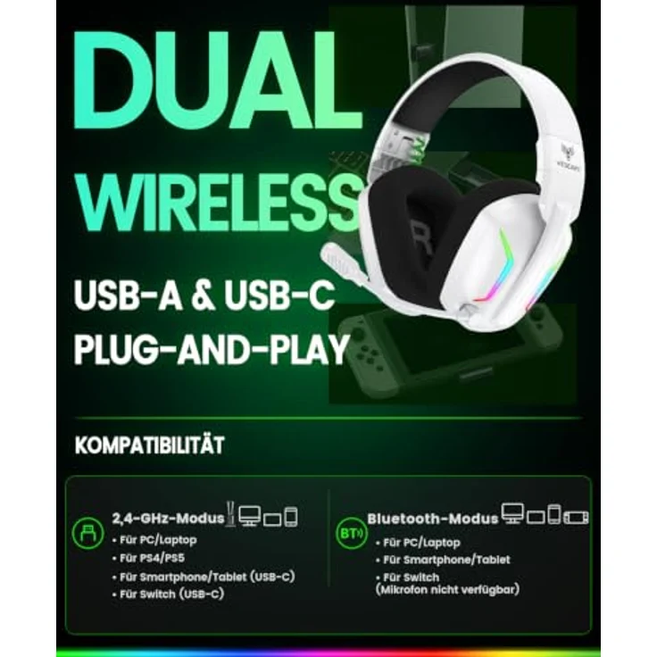 WESEARY Gaming Headset Wireless mit Mikrofon, 60 Stunden Akkulaufzeit, Stereo-Sound, RGB-Beleuchtung für PS5 PS4 PC Switch Mac – Bild 3