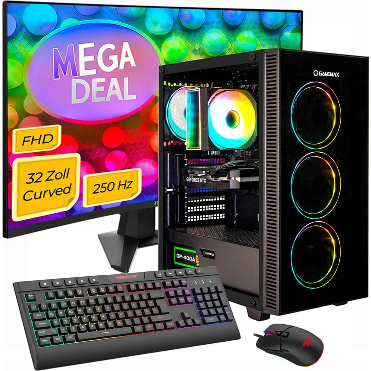 GAMEMAX Gaming-PC MegaDeal Draco XD Komplett SET, Ryzen 5 5500, 16GB RAM, 1TB SSD, RTX 5060, Windows 11 + MSI MAG 32C6X Curved Gaming Monitor 32"