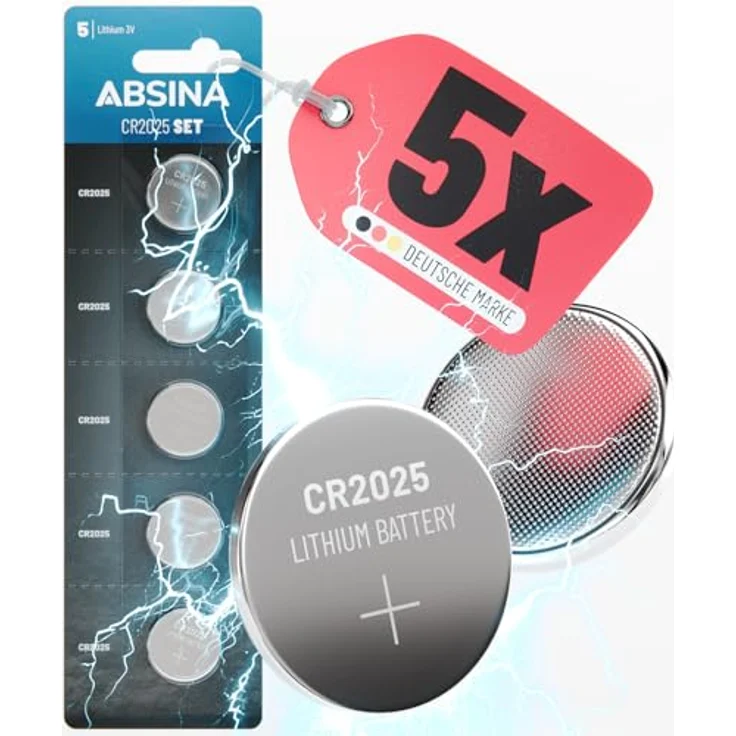 ABSINA Knopfzellen CR2025 5er Pack - Auslaufsicher & Langlebige 3V Lithium Knopfzelle, Batterien - ABSINA CR 2025, weiß – Bild 1