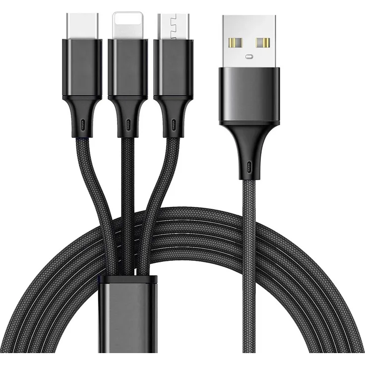 Ventarent 3 in 1 Ladekabel, Lightning, USB Typ C & Micro USB, schnellladefähig für Apple iPhone, Samsung Galaxy & Xiaomi Redmi, Schwarz