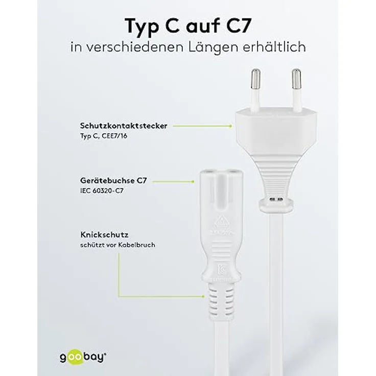 Goobay 51326 Euro Anschlusskabel, Netzkabel, Stromkabel, 2 adrig, Eurostecker (Typ C, E 7-16) > Gerätebuchse C7, 1,5m, weiß – Bild 3