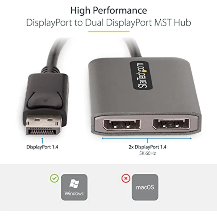StarTech.com 2-Port DisplayPort MST Hub, Dual 4K 60Hz DP, DisplayPort Splitter auf 2X DP Monitore, DP 1.4 Multi-Monitor Video Adapter, 30 cm Kabel, USB Betrieben, nur Windows (MST14DP122DP) – Bild 3