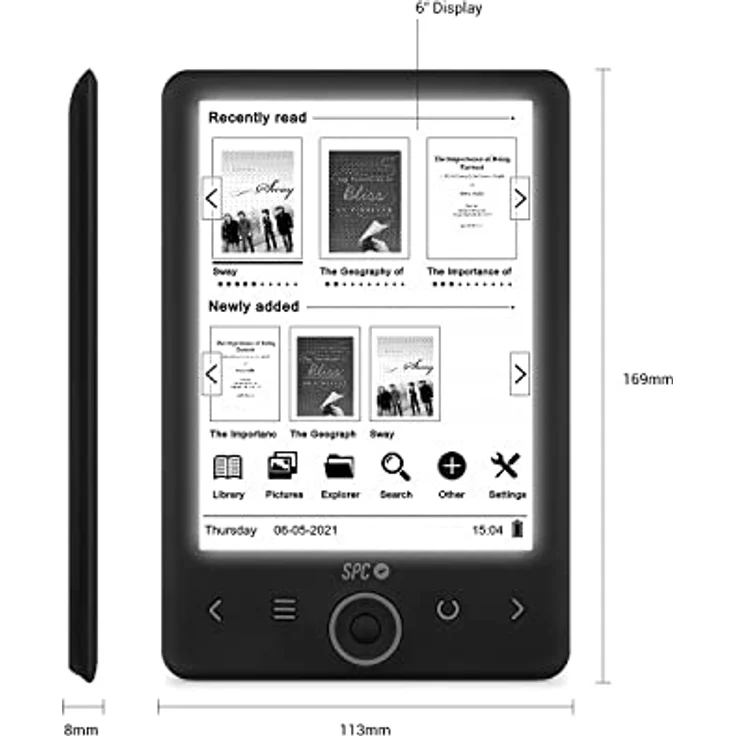 SPC Dickens Light 2 – Elektronisches Buch mit hintergrundbeleuchtetem Display und Licht mit 6 Intensitätsstufen, Tasten auf der Vorderseite, Autonomie von einem Monat, Schwarz – Bild 3