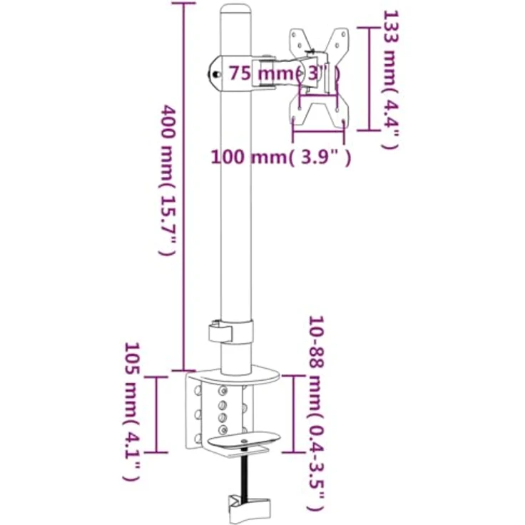 vidaXL Monitorhalterung, Verstellbar Monitor Tischhalterung mit C-Klemme, Bildschirmhalterung für 1 Monitor, VESA 75/100 mm, Schwarz Stahl – Bild 4