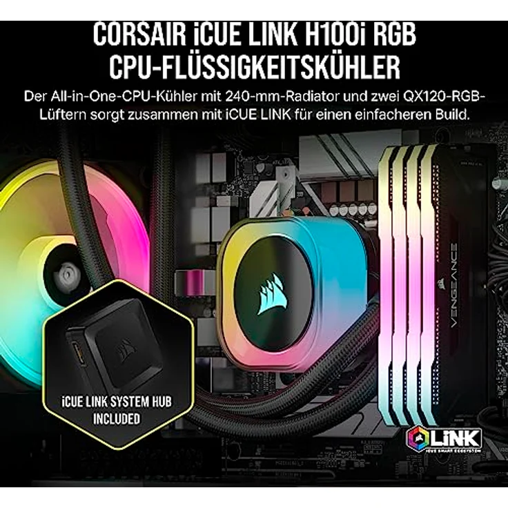 CORSAIR iCUE LINK H100i RGB Flüssig-CPU-Kühler - 240mm AIO - QX120 RGB-Lüfter - Passend Für Intel® LGA 1700, AMD® AM5 - iCUE LINK System Hub Enthalten - Schwarz – Bild 2