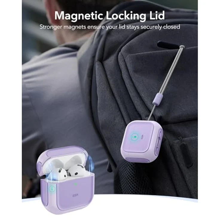 ESR AirPods 4 Hülle, kompatibel mit AirPods 4 Gen (2024), USB-C, kabelloses Laden, magnetischer Deckel, Schutzhülle mit Handschlaufe, Orbit Hybrid, Lila – Bild 4