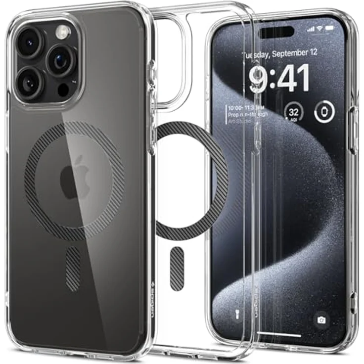 Spigen für iPhone 15 Pro Ultra Hybrid MagFit Hülle [Anti-Yellowing] Case Handyhülle Transparent Dünn Slim Kompatibel mit MagSafe -Carbon Fiber – Bild 1