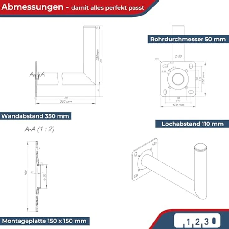 Premium X 35cm Wandhalter Satellitenschüssel, Aluminium Halterung mit Mastkappe und Schraubensatz, witterungsbeständig, einfache Montage – Bild 4