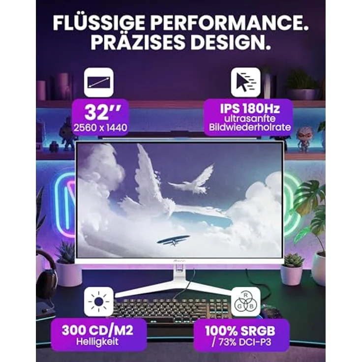 Arozzi Gaming Monitor Nova 32”, QHD 1440p, 180Hz, IPS, Adaptive Sync, HDR10, flimmerfrei, 100% sRGB, Weiß – Bild 2