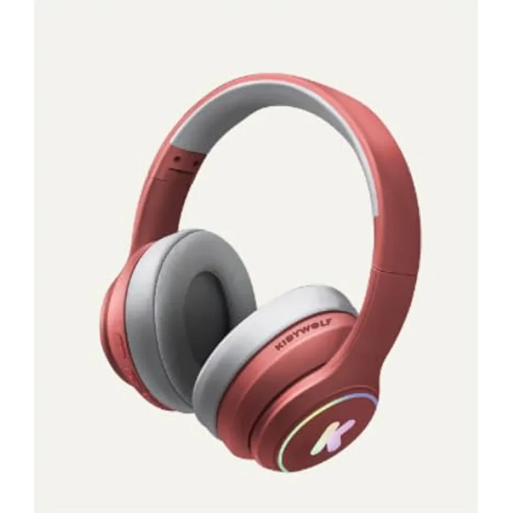 Kidywolf Planet Happy, kabelloser Kinderkopfhörer Bluetooth, rot mit LED-Licht, 85 dB Schutzmodus, weiche Polsterung