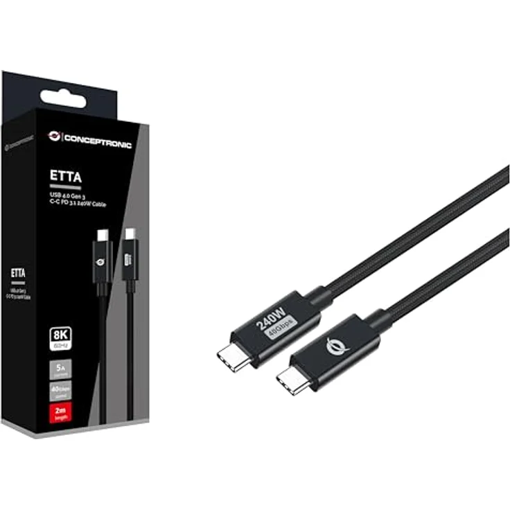 Conceptronic ETTA04B20, USB-C 4.0 Kabel, 2m Länge, 40 Gbit/s, 5A, schwarz – Bild 3