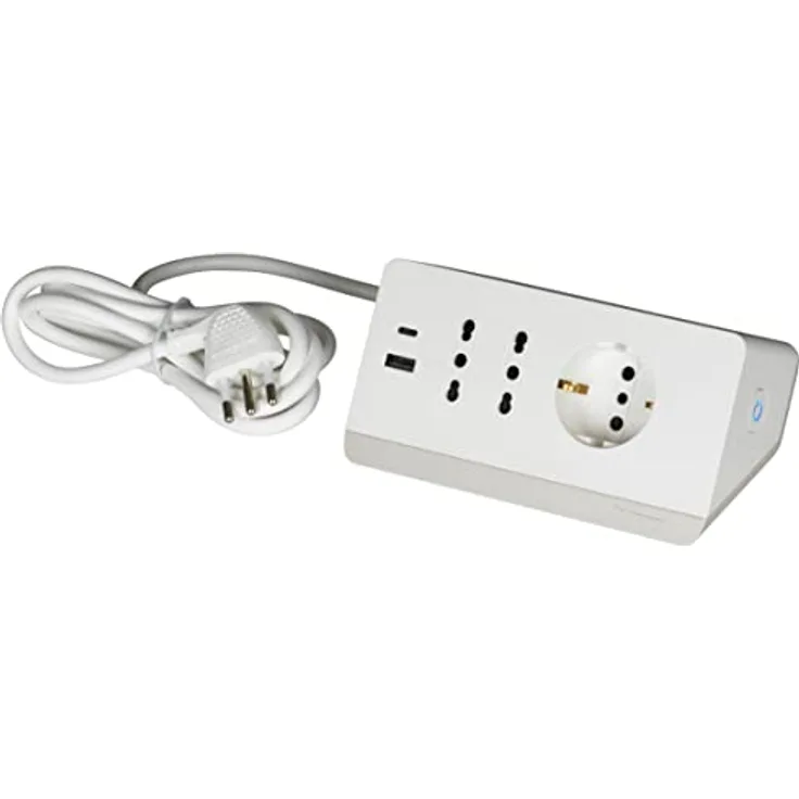 Bticino S3711DBU Steckdosenleiste für Schreibtisch, Kleiner Stecker 10 A, 2 Steckdosen 10 oder 16 A, 1 Schuko-Steckdose, 2 USB 3A, Typ A-C, Sicherheitsschalter, Kabel 2 m, Weiß
