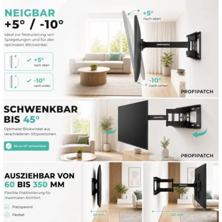 ProfiPatch TV Halterung 37-75 Zoll, schwenkbar & neigbar bis 45kg, mit integriertem Kabelmanagement, schwarz – Bild 4