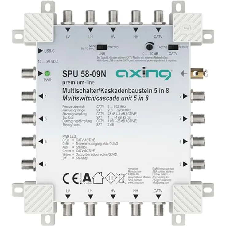 Axing SPU 58-09N Multischalter für 8 Teilnehmer, kaskadierbar, aktiv, Quad-LNB-tauglich, Kabel-TV-fähig mit Energiespar-Schaltung