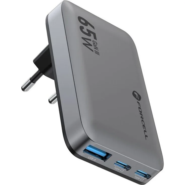 Forcell GaN III VT-47 65W Wandladegerät, 2x USB-C + USB-A, Schnellladung, grau