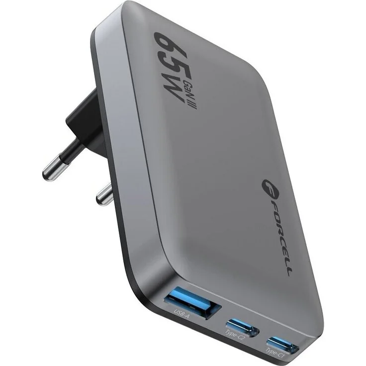 Forcell GaN III VT-47 65W Wandladegerät, 2x USB-C + USB-A, Schnellladung, grau