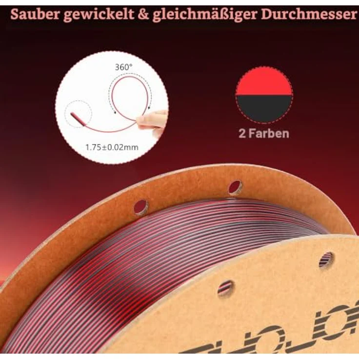 3DHoJor Silk PLA Filament 1.75mm 1KG Schwarz-Rot, Zweifarbiges Seiden PLA mit hohem Glanz und glatter Oberfläche – Bild 2