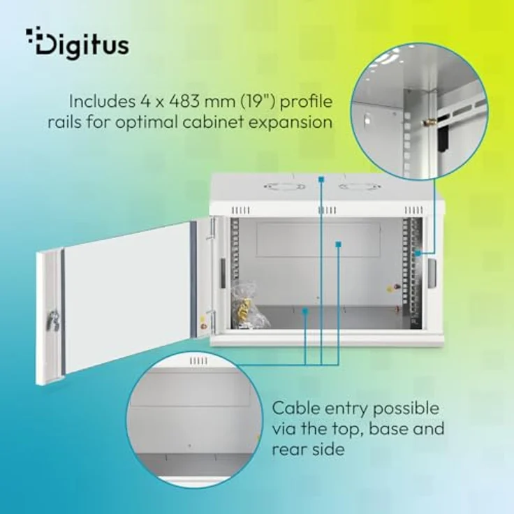 DIGITUS Netzwerkschrank 19-Zoll Rack 7HE, unmontiert für Wandmontage, 450 mm Tiefe, 60 kg Traglast, abschließbare Glastür, Dynamic-N Serie, Grau – Bild 5