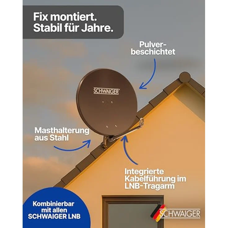 SCHWAIGER Satellitenschüssel Ø 90 cm Aluminium Offset Antenne, anthrazit, wetterfest, Multifeed geeignet, maximale Empfangsleistung 39,5 dB, inklusive LNB Tragarm und Masthalterung – Bild 4