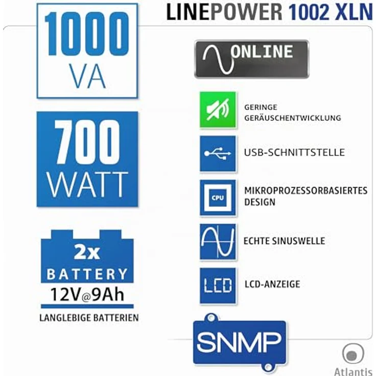 Atlantis Land USV A03-OP1002XLN, 1000VA/700W Unterbrechungsfreier Stromversorger mit reiner Sinuswelle, Metallgehäuse und LCD-Display – Bild 9