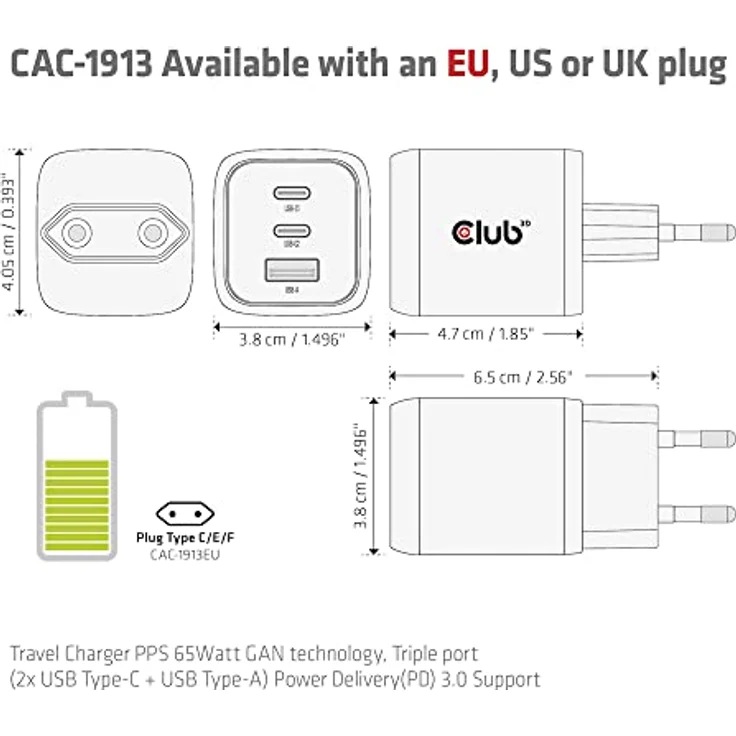 Club 3D CAC-1913 Reiseladegerät, 2x USB Typ C, 1x USB Typ A, PD 65W, Schwarz – Bild 6