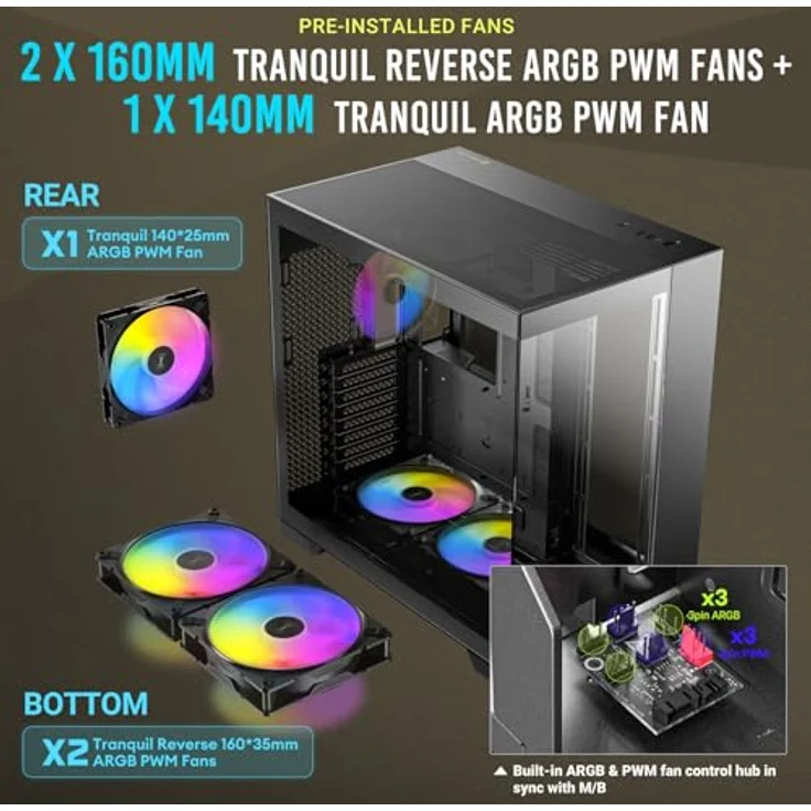 Antec C8 ARGB PC-Gehäuse mit 2 x TQR 160 mm und 1 x TQ 140 mm ARGB PWM Lüfter, Doppelkammer-Layout, Typ-C, 360 mm Heizkörperunterstützung, Nahtlose TG-Front- und Seitenwände, RTX 40 – Bild 3
