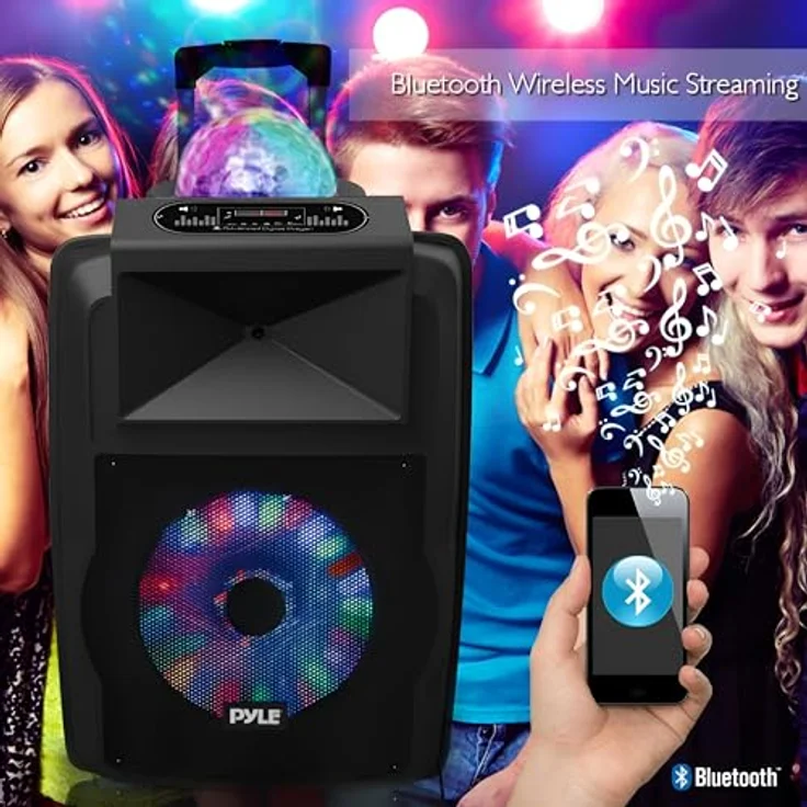 Pyle PSUFM1280B, Aktiver PA Lautsprecher mit 700 Watt, Bluetooth, Subwoofer 12 Zoll, tragbar mit Rädern und Mikrofonset, Schwarz – Bild 7