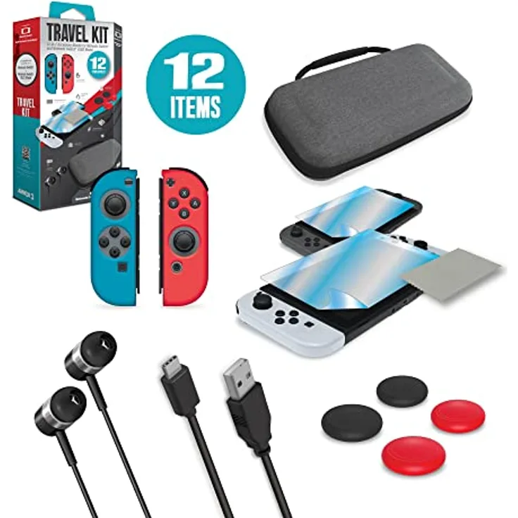 Armor3 Travel Kit 12 in 1 Accessory Bundle für Nintendo Switch und Switch OLED, Gaming Controller mit Reiseschutzhülle, Silikonhüllen, Displayschutzfolien, Mehrfarbig