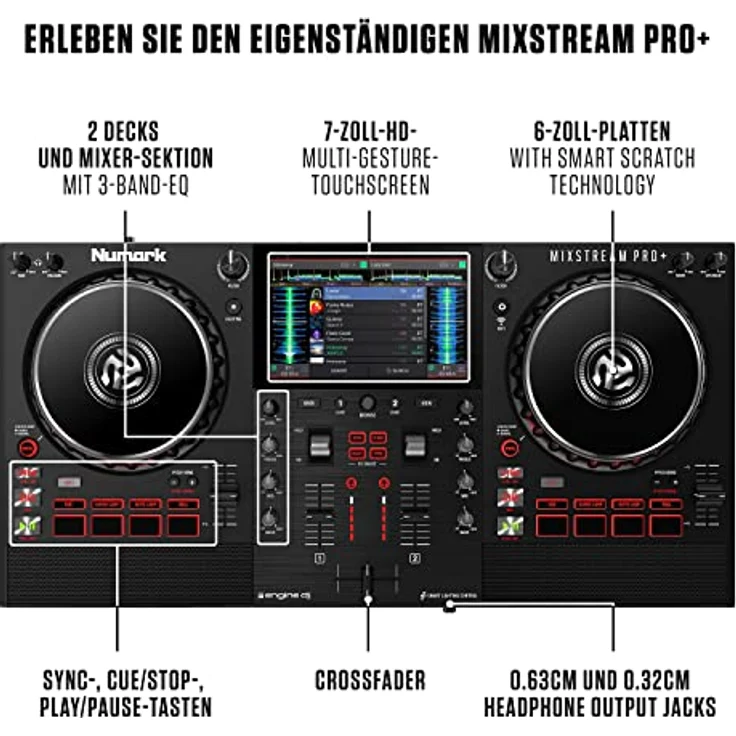 Numark Mixstream Pro+ Standalone DJ Controller, Amazon Music Unlimited Streaming, DJ Mischer, Touchscreen, WLAN, Lautsprecher, kompatibel mit Serato & Virtual DJ – Bild 5