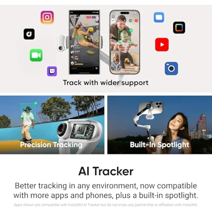 Insta360 Flow 2 AI Tracker Bundle, Smartphone Gimbal mit 10 Stunden Akkulaufzeit, Grau – Bild 2