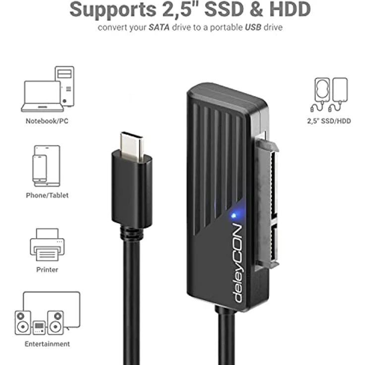 deleyCON USB 3.0 SATA Adapter Kabel USB C zu 2,5" Zoll Festplatten Schwarz, 5 GBit/s UASP SATA I II III Plug&Play – Bild 5
