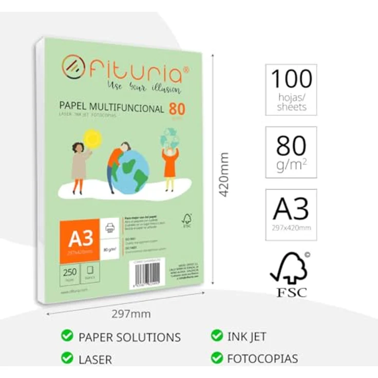OFITURIA A3 Druckerpapier, Packung mit 100 weißen Blättern, 80g/m², multifunktional für Laser- und Tintenstrahldrucker – Bild 2