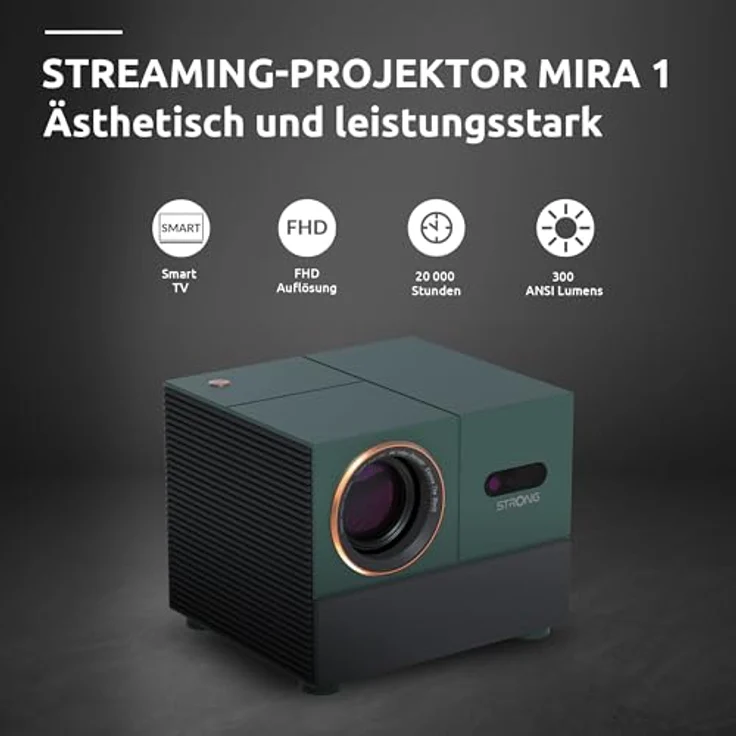 Strong Mira 1, Full HD Beamer mit 300 ANSI Lumen, tannengrün und schwarz, Google TV, 40-150 Zoll Projektionsgröße – Bild 2