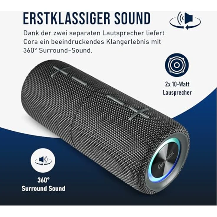 Fontastic „Cora“ 2-in-1 Bluetooth Lautsprecher-Boxen, Mobile Musik-Box mit LED-Licht, IPX5 Portable Speaker mit AUX & Micro-SD, 2X 10 Watt, Tragbare Sound-Box Grau – Bild 3