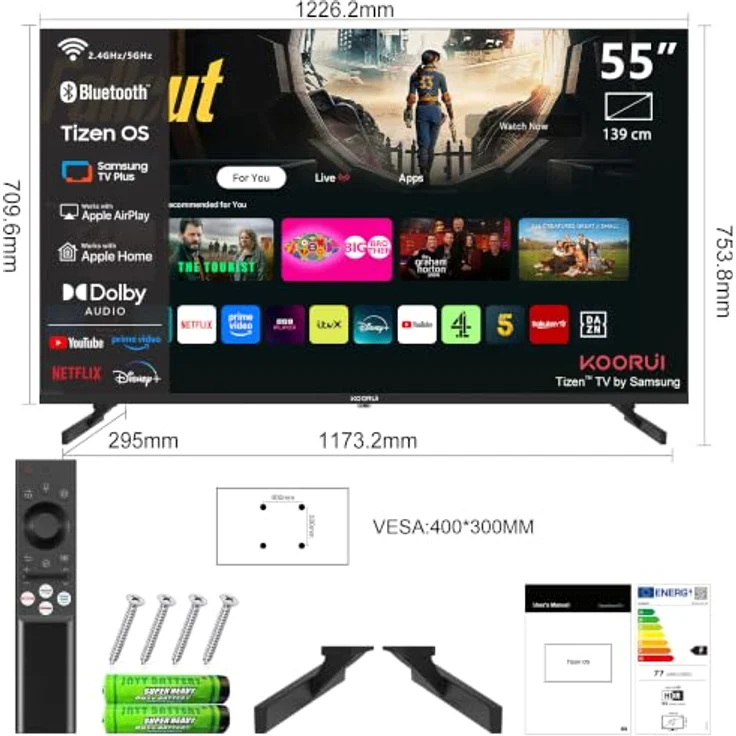 Koorui K55Q1UQ-T8, 55 Zoll QLED 4K Ultra HD Smart TV mit Tizen, Sprachsteuerung, HDMI x3, USB x2, Triple Tuner, randloses Design – Bild 12