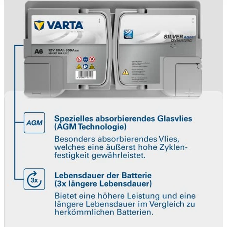 VARTA A6 Silver Dynamic AGM, 12V 80Ah Autobatterie für Start-Stop Systeme, 800A, auslaufsicher und rüttelfest – Bild 6