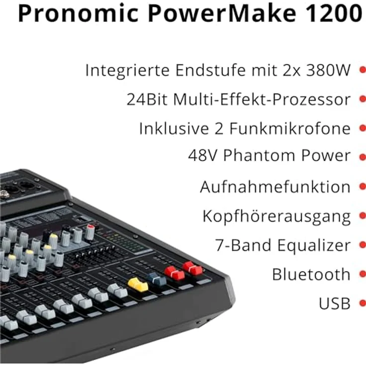 Pronomic Powermake 1200 Powermischer - 12-Kanal-Mischpult - 2 UHF-Funkmikrofone - 760 W RMS-Leistung - 24Bit Multi-Effekt-Prozessor - Bluetooth®/USB-Player/Recorder - Grafischer Equalizer - Schwarz – Bild 3