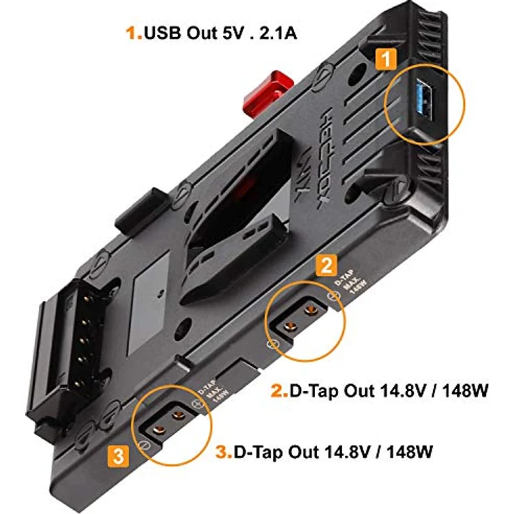 Hedbox Power V-lock Plate UNIX-FX9, Batteriegriff mit 3 D-Tap Ausgängen und USB 5V, Schwarz – Bild 3