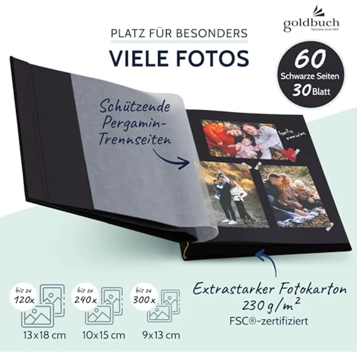 goldbuch Fotoalbum mit Fensterausschnitt, Bella Vista, 30 x 31 cm, 60 schwarze Seiten mit Pergamin-Trennblättern, Leinen, Schwarz, 27977 – Bild 5