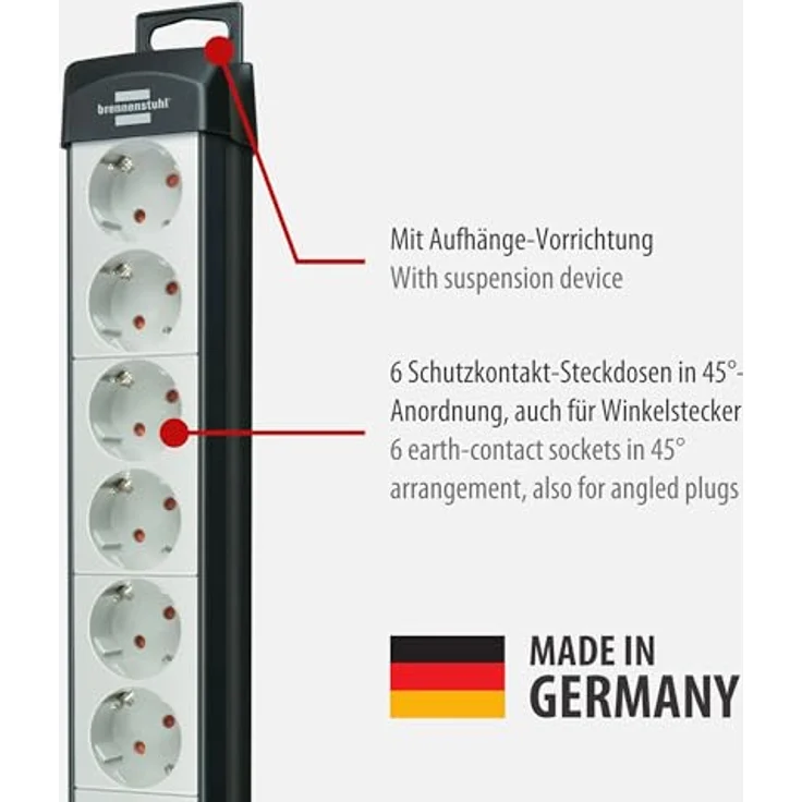 Brennenstuhl Premium-Line, Steckdosenleiste 6-fach (Steckerleiste mit Schalter und 5m Kabel - 45° Anordnung der Steckdosen, Made in Germany) schwarz-grau – Bild 2