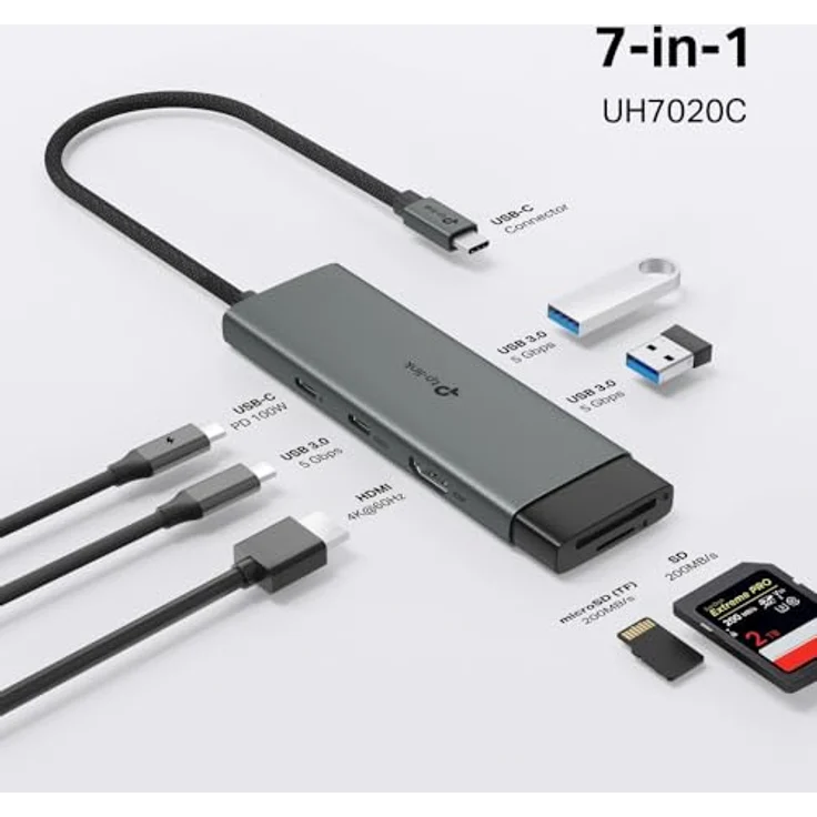 TP-Link UH7021C, USB C Hub mit 7 Ports, PD100W, 4K 60Hz HDMI, 1× USB C, 2× USB A, SD-/microSD-Karten bis 200 MB/s, Plug und Play, kompatibel mit MacOS, Windows, Linux, iPad OS, iOS, Android – Bild 3