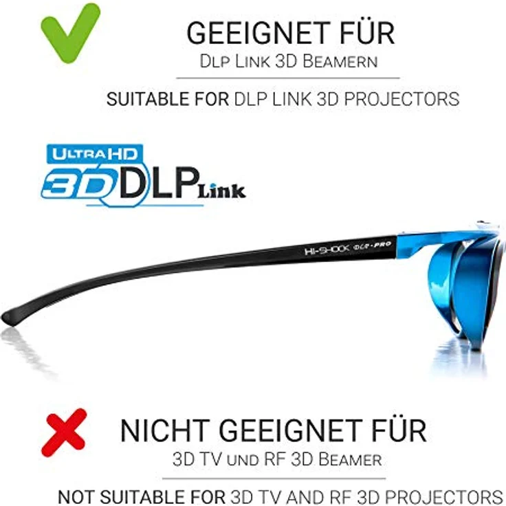 Hi-SHOCK DLP Pro Blue Heaven | DLP Link 3D Brille für 3D DLP Beamer [Shutterbrille | 96-144 Hz | wiederaufladbar | 32g | DLP Link | Blau] – Bild 2